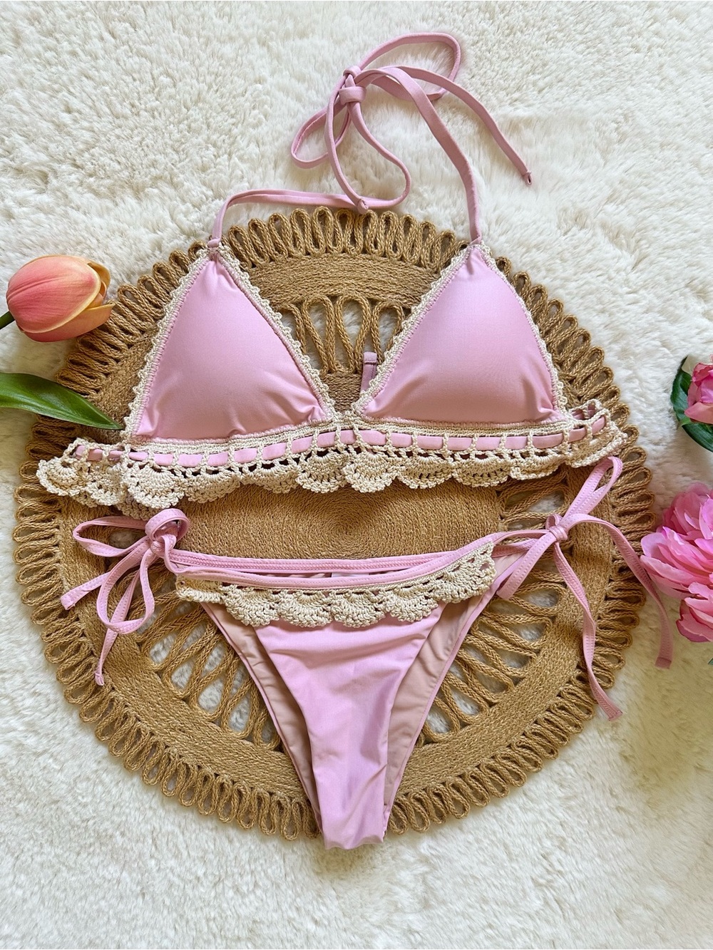 Baby Pink Handmade Crochet-Trim Triangle Bikini Set Small